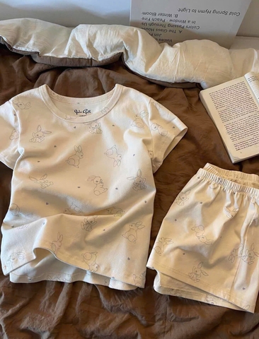 set908- bộ cotton màu be cộc in thỏ mờ QC