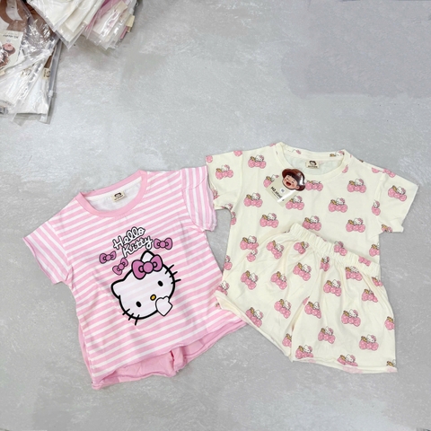 bt9010-Combo 2 bộ KITTY kẻ ngang quần đùi chất cotton bé gái