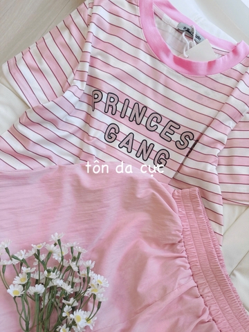 SET597-Set thun cộc áo kẻ hồng phối quần short