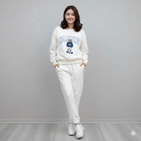 Set837- Bộ trắng nỉ. Bông in GAU  RA,BIT dài tay