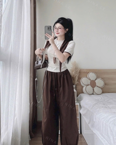 Set788- Set nâu kèm khăn chất cotton mịn mix quần bom đậm màu