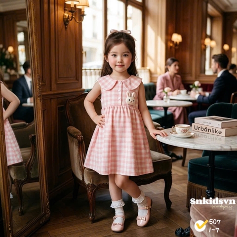 damgai04- Đầm bé gái kẻ 3 màu dáng suống đính thỏ