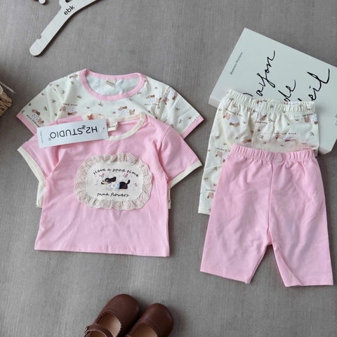 Cb356- Combo 2 bộ chó xù trắng hồng bé gái quần legging