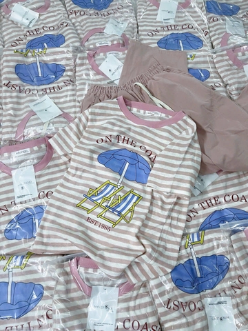 Set716- Set COAST hồng kẻ mix quần bom gió