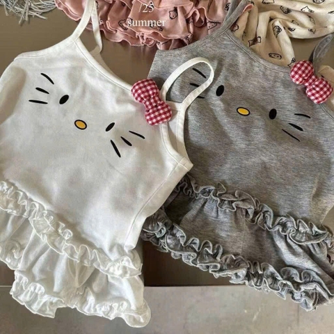 BT562- Combo 2 váy dây hello kitty xám- trắng chất cotton