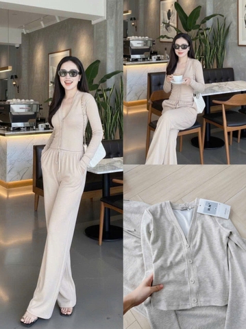 Set786- Set áo díp lông thỏ cổ V phối quần suông dài màu nâu