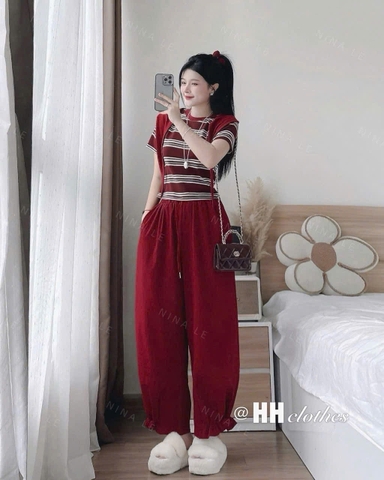 SET807-set áo tăm len kẻ xanh-đỏ mix quần gió dáng baggy