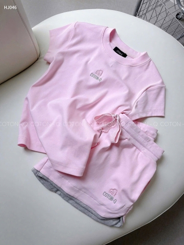 Set754- Bộ mặc nhà cộc tay hồng nhạt phối xám