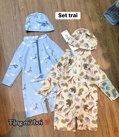 BOI03-COMBO 2 bơi liền thân bé trai xanh-ghi kèm mũ