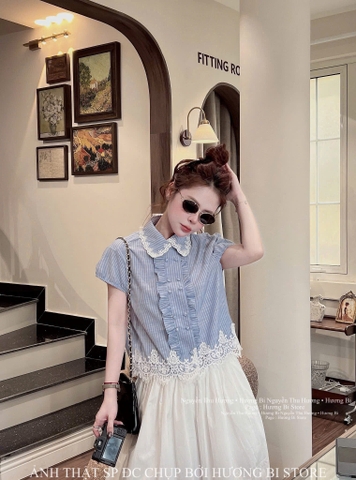 A582- Áo sơ mi kẻ chân ren cúc bọc chất thô mềm