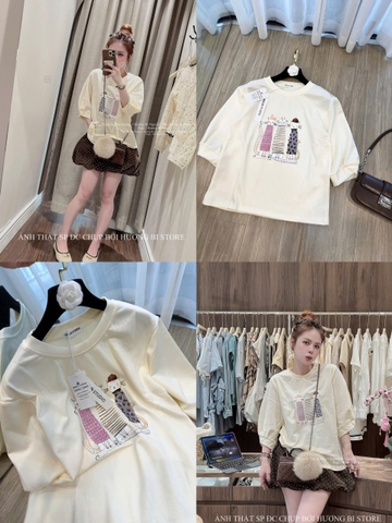 A583-Áo thun tay lỡ màu be hình mèo hàng nhà máy đủ tem