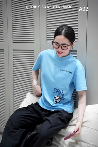 A217-Áo phông xanh nhạt BRAND họa tiết in chất đẹp