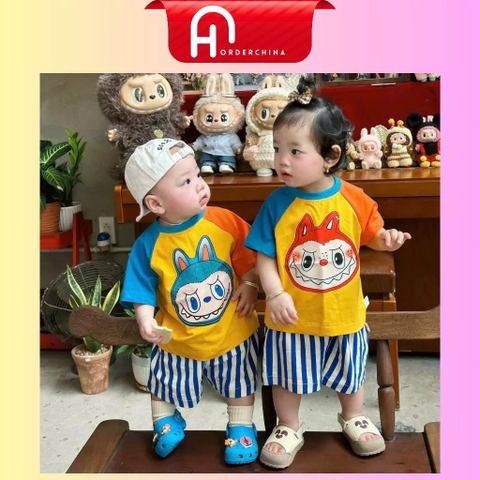 Bộ thun LABUBU 2 màu phôi quần kr sọc chất cotton