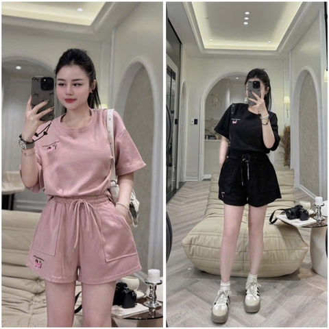 SET518- Set thun mì cộc thêu Cún 2 màu đen,hồng