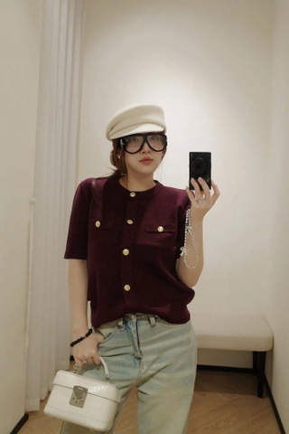 A409-Áo len dệt kim cộc tay đen cúc đồng