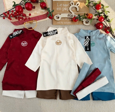 BT807-Bộ áo dài bé trai thêu Tết tặng kèm mũ 3 màu