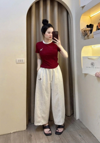 SET885-Set thêu ngựa áo đỏ-quần nỉ dài cạp chun