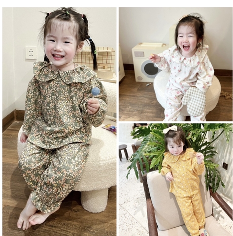 CB034 -Combo 3 bộ hoa dài viền bèo trẻ em VNXK ( Kh lưu ý chọn màu)