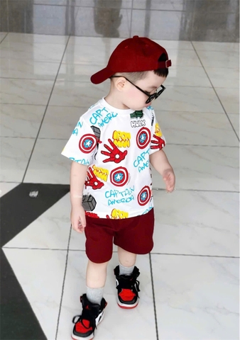 BN098- Bộ cotton SIÊU ANH HÙNG trắng đỏ áo cotton mix quần cua