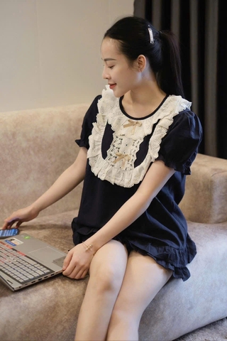 SET494- Bộ mặc nhà xanh than vuền ren chất đũi lụa