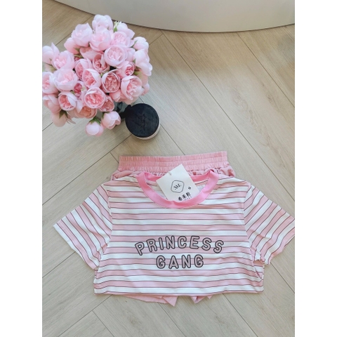 SET597-Set thun cộc áo kẻ hồng phối quần short