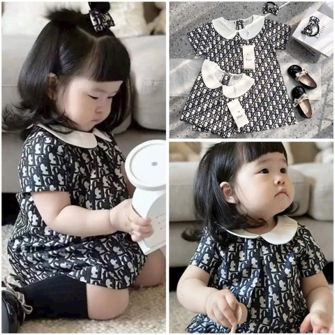 Dammid025- đầm bé gái dáng xoè hoạ tiết đen trắng phối cổ