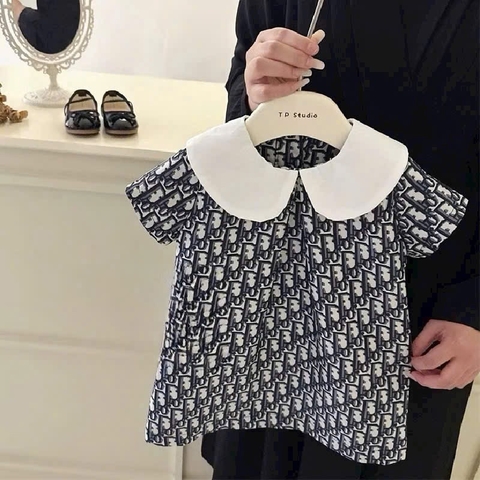 Dammid025- đầm bé gái dáng xoè hoạ tiết đen trắng phối cổ