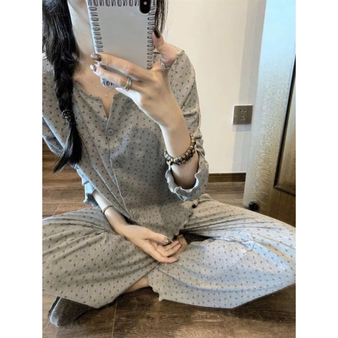 set658- Set tăm xanh hoa hồng dài tay thu đông