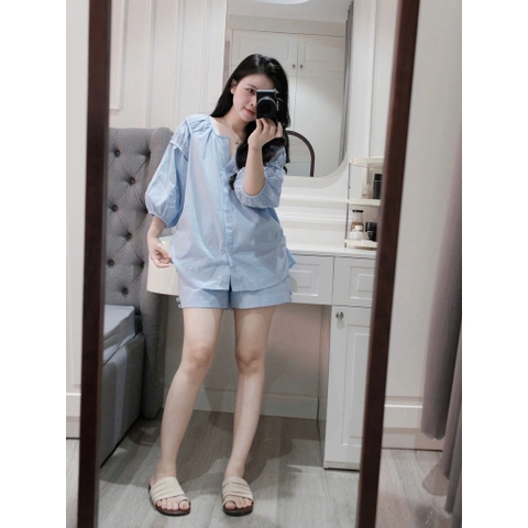 SET912-Set đũi linen màu xanh và vàng áo tay lỡ bồng