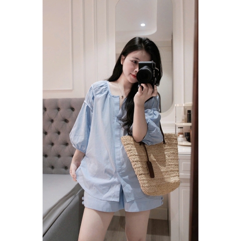 SET912-Set đũi linen màu xanh và vàng áo tay lỡ bồng