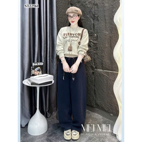 SET807-Bộ nỉ tăm áo khoá kéo phối quần ống suông màu be