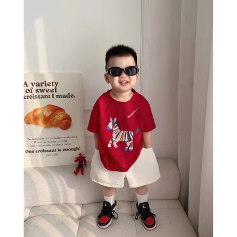 A557-Áo thun gia đình màu đỏ cộc tay Tết con ngựa