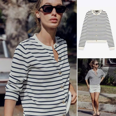 A404- Áo len kẻ ngang đen trắng cúc đồng hàng nhà máy chuẩn Thời trang công sở CAMILLA