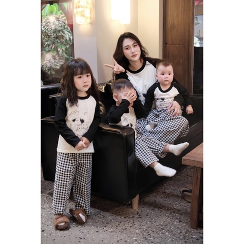 SET771- Bộ mặc nhà gia đình  áo thun quần kẻ suông dài đen trắng Thời trang công sở CAMILLA