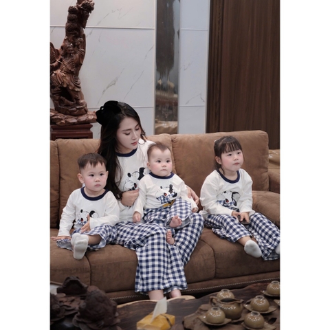 SET771- Bộ mặc nhà gia đình  áo thun quần kẻ suông dài đen trắng