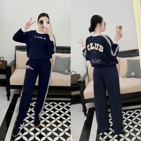 Set770-Set áo len dệt kim xanh coban phối quần jean suông nâu