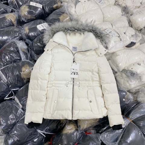 A166-Áo khoác phao lót lông có mũ 2 màu đen,be siêu ấm