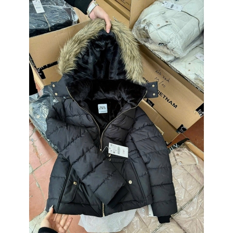 A166-Áo khoác phao lót lông có mũ 2 màu đen,be siêu ấm