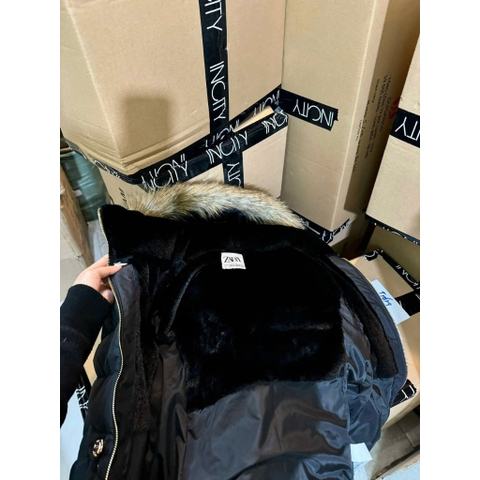 A166-Áo khoác phao lót lông có mũ 2 màu đen,be siêu ấm