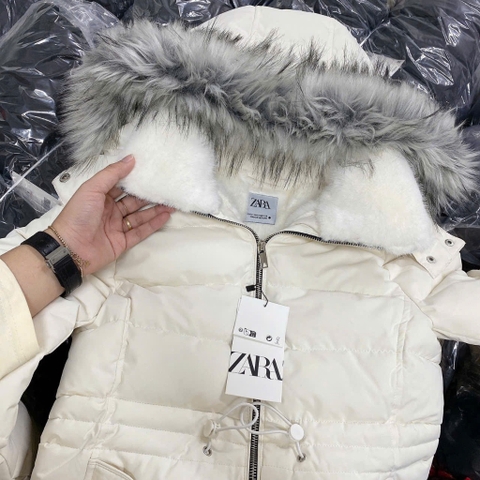 A166-Áo khoác phao lót lông có mũ 2 màu đen,be siêu ấm