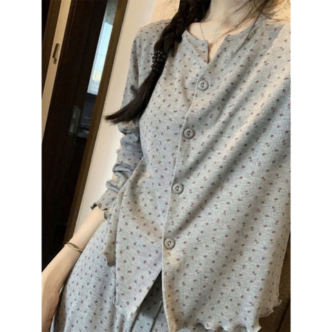 set658- Set tăm xanh hoa hồng dài tay thu đông