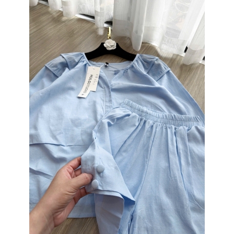SET912-Set đũi linen màu xanh và vàng áo tay lỡ bồng
