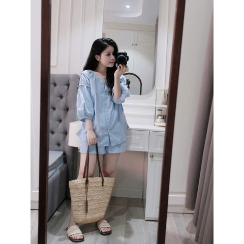 SET912-Set đũi linen màu xanh và vàng áo tay lỡ bồng