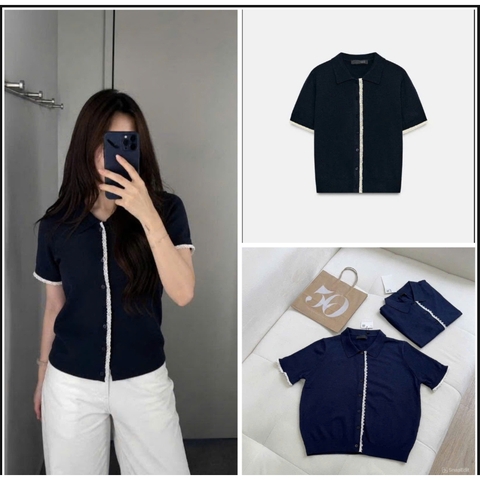 A625-Áo len  dệt kim màu xanh than phối ren Cộc tay cá hàng nhà máy đủ tem