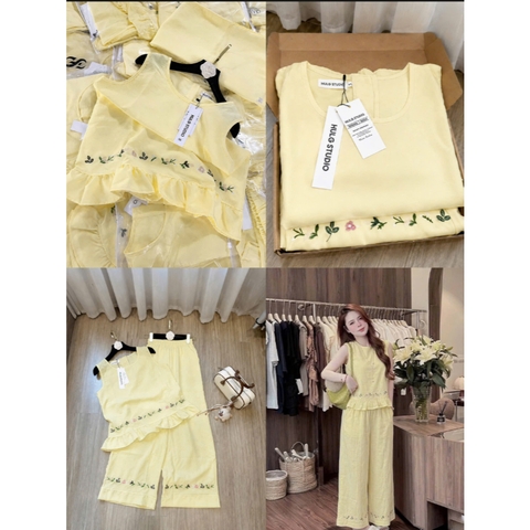 SET963-  SET ĐŨI TRẮNG THÊU GẤU PHỐI BÈO QUẦN SUÔNG
