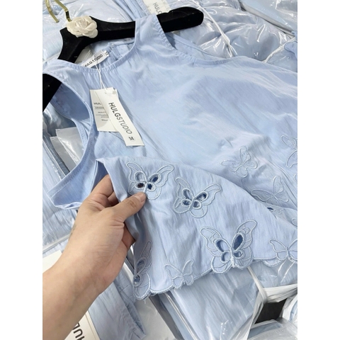 SET1013- Set áo đũi sát nách ren tỉa phối quần dài suông xanh