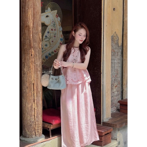 SET1013- Set áo đũi sát nách ren tỉa phối quần dài suông xanh