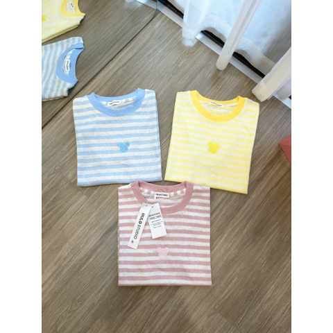 A637-Set 3 áo thun cổ tròn kẻ ngang màu xanh hồng vàng