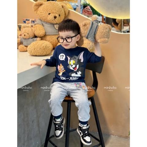 BT1017- Combo 2 bộ thun dài tay mèo Tom xanh trắng  chuẩn Minibebe