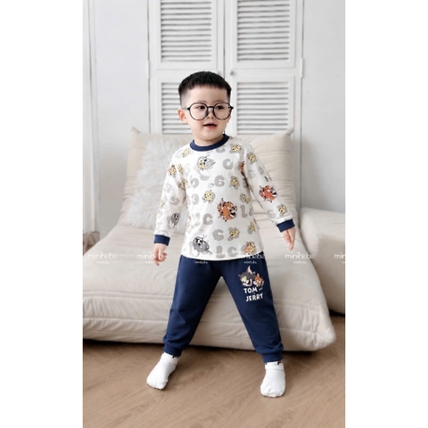 BT1017- Combo 2 bộ thun dài tay mèo Tom xanh trắng  chuẩn Minibebe